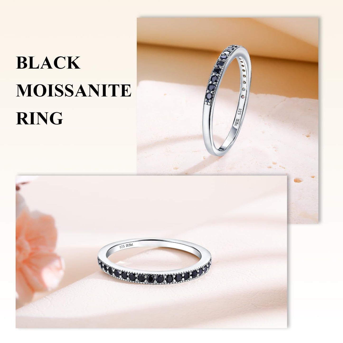AGRULE Black Moissanite Rings for Women 1.7mm Width Wedding Band Lab Diamond Eternity Band Rings Bezel Set Anniversary Ring 0.25 Cttw. Size 9
