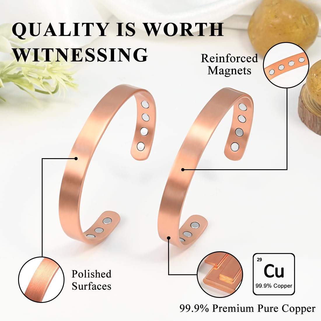 Vicmag Copper Bracelet for Women Men Magnetic Bracelet with Ultra Strength Magnets 100% Solid Pure Copper Gift (Feather)