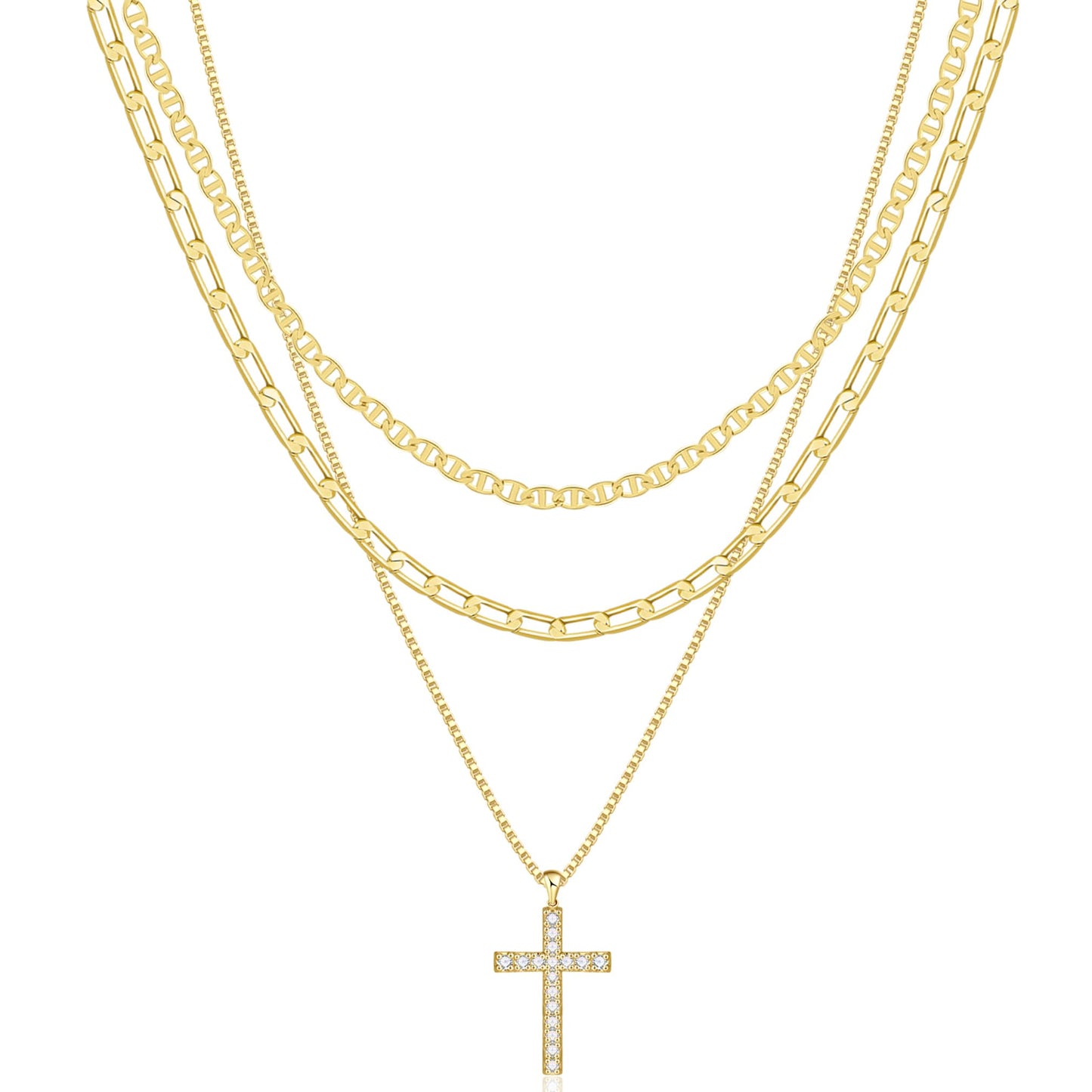 Kyerlyn Cross Necklace for Women,Stackable Stacked Stacking Layering Layered Necklaces Set Dainty 14 K Gold Paperclip Box Flat Mariner Chain Pendant CZ Simple Jewelry Gif t