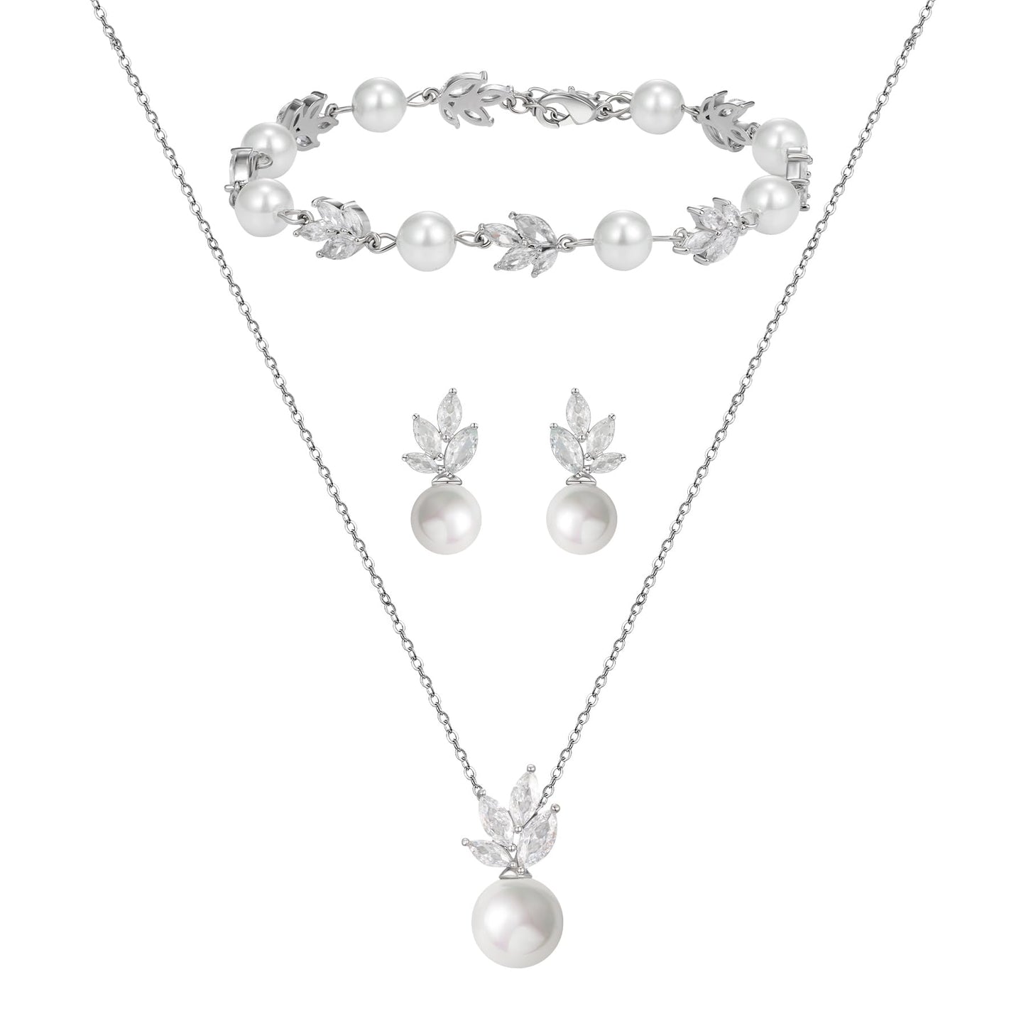SWEETV Bridal Jewelry Set for Wedding, Cubic Zirconia Pearl Floral Bridal Earrings Necklace Bracelet Set, Silver Jewelry Set for Bride Women