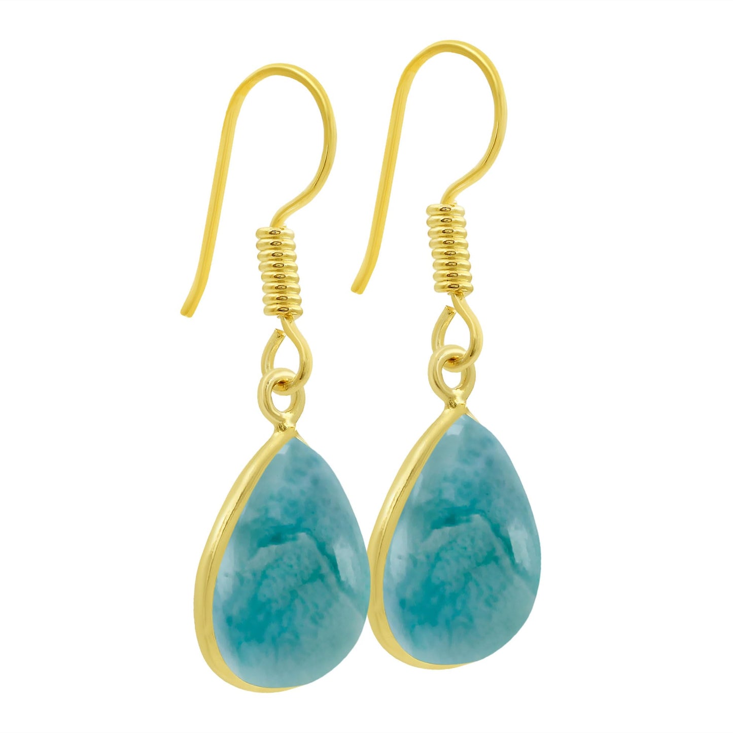 Natural Larimar 14K Yellow Gold Plated Dangle Earrings for Women - Teardrop Shape Blue Gemstone Vintage Style Handmade Earrings - Christmas Wedding Gifts for Her