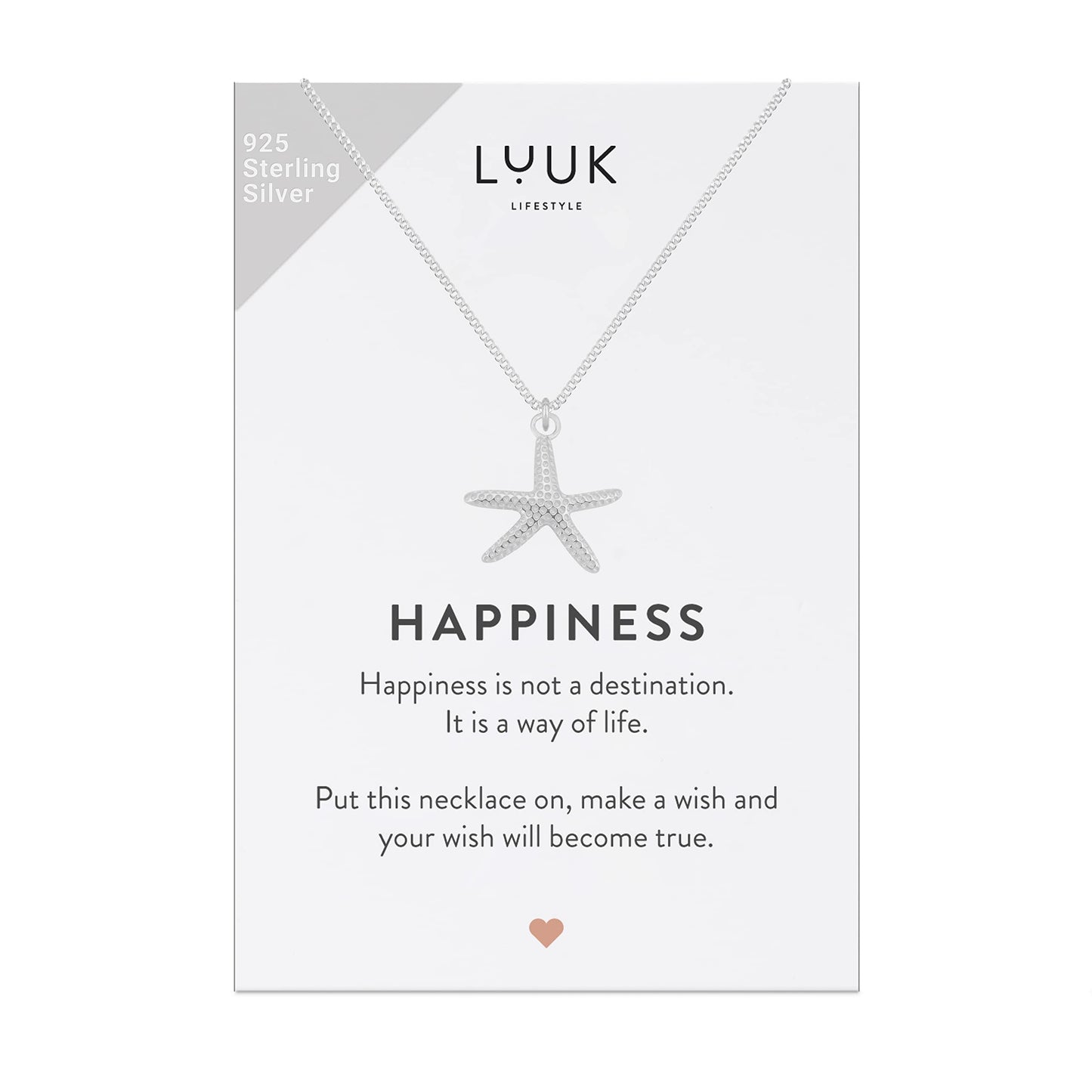 LUUK LIFESTYLE Necklace in 925 sterling silver with starfish pendant and HAPPINESS gift card, jewelry for daily wear, festival, special occasions, 19” adjustable chain, strong and durable, silver