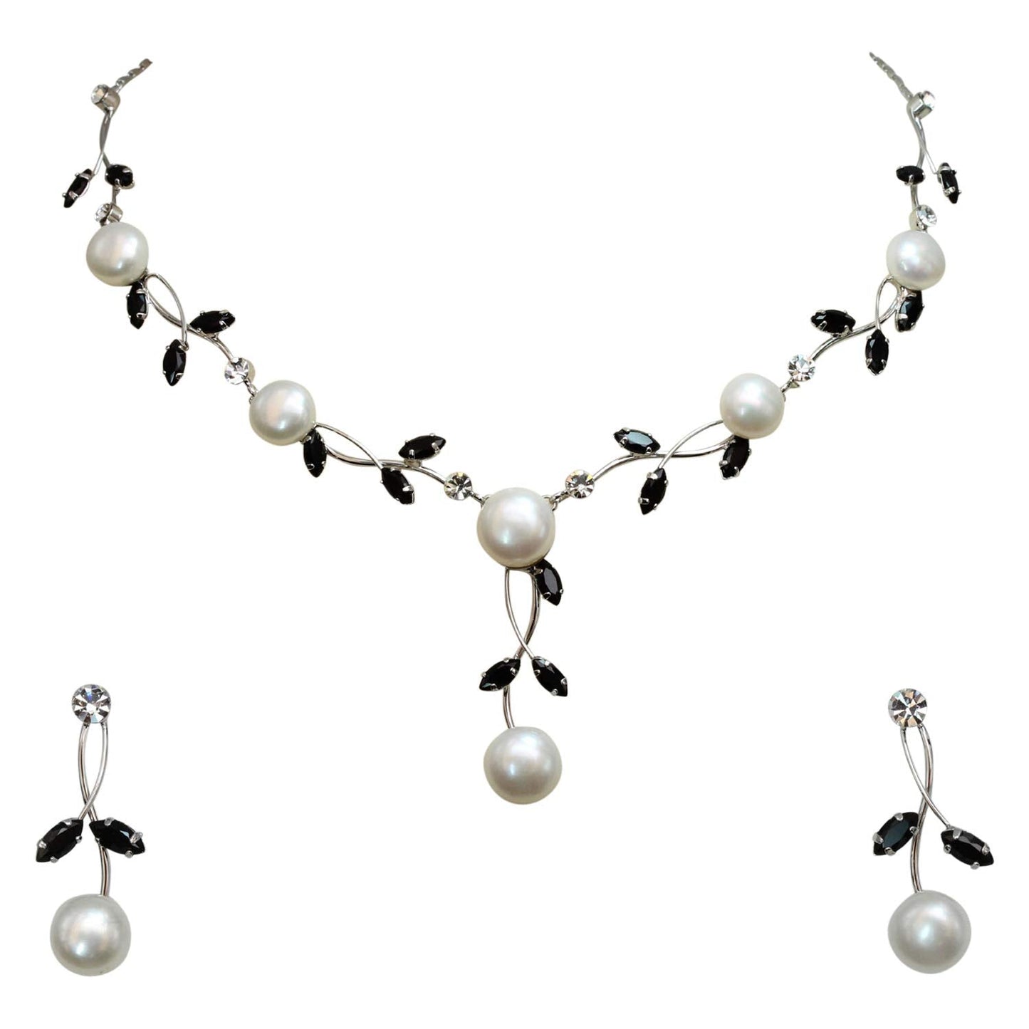 Faship Gorgeous Black CZ Crystal Genuine Freshwater Pearls Floral Necklace Earrings Set - Black