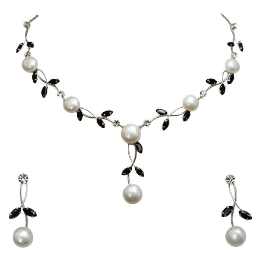 Faship Gorgeous Black CZ Crystal Genuine Freshwater Pearls Floral Necklace Earrings Set - Black