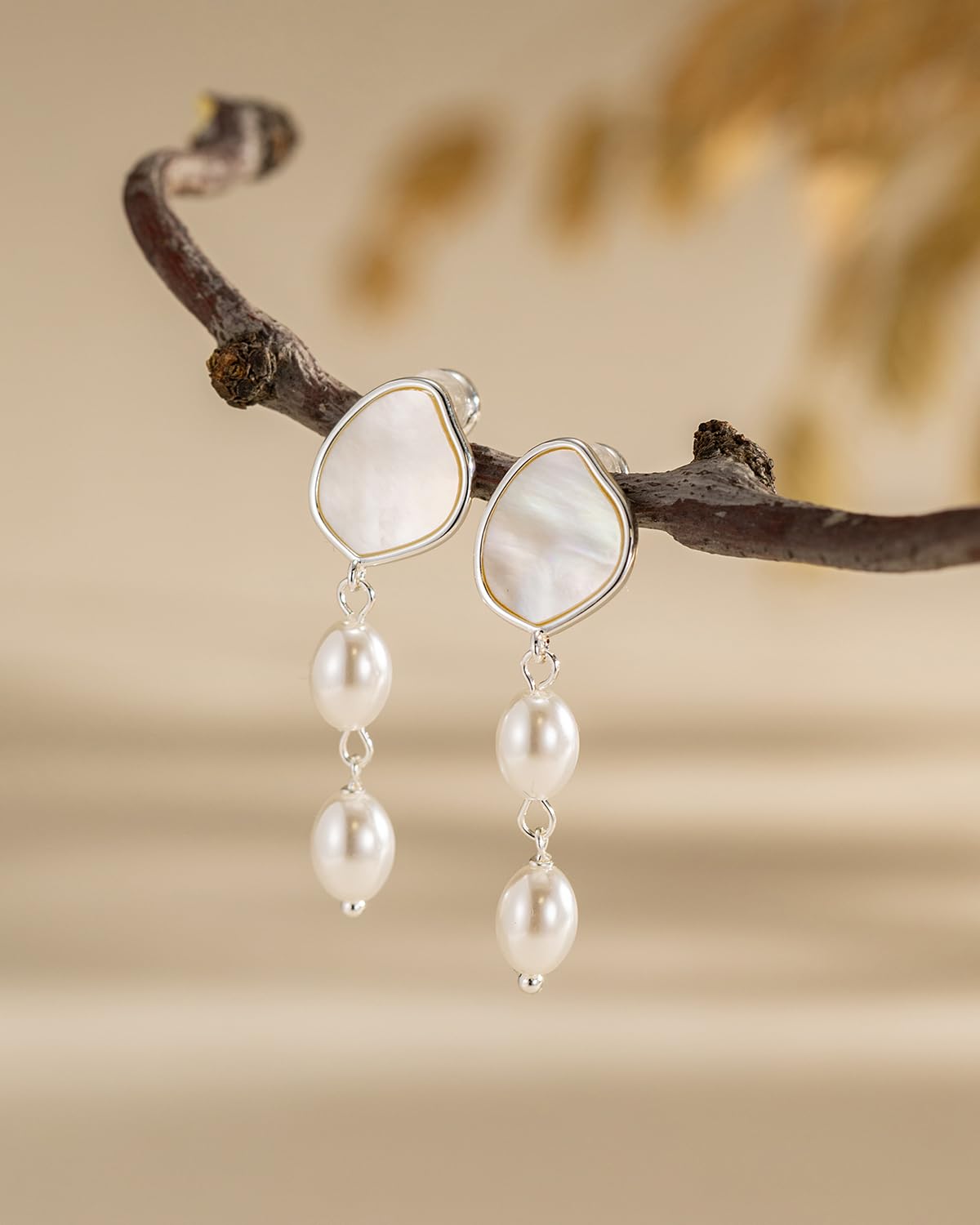 PRTGL Pearl Earrings - Silver 14 White Gold Plated Irregular Mother of Pearl Drop Dangle Earrings for Women Wedding Bridal