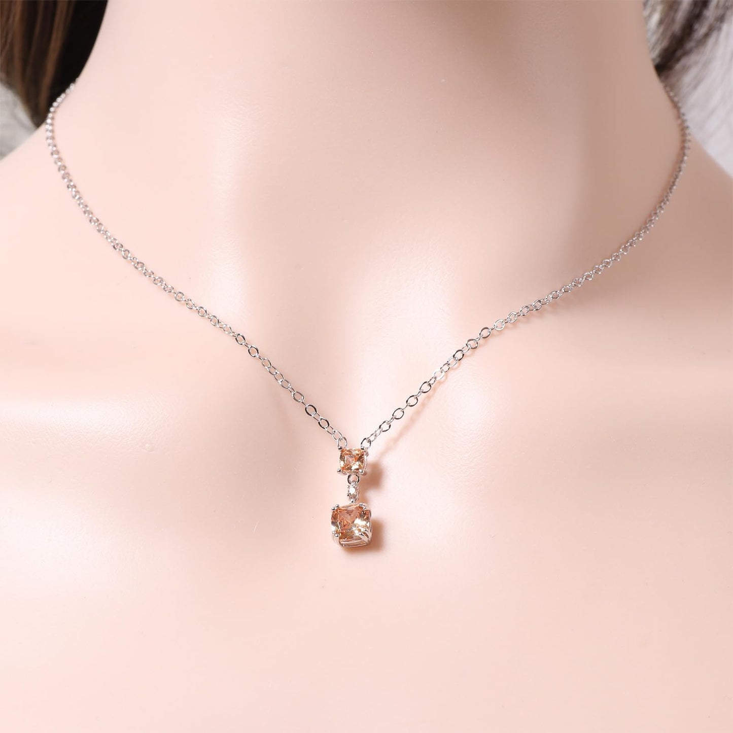 TaYolnFaSo Champagne Cubic Zirconia Jewelry Sets for Women White Gold Plated Cushion-Cut Necklace Earring Set Champagne Jewelry Birthday Gifts for Mother