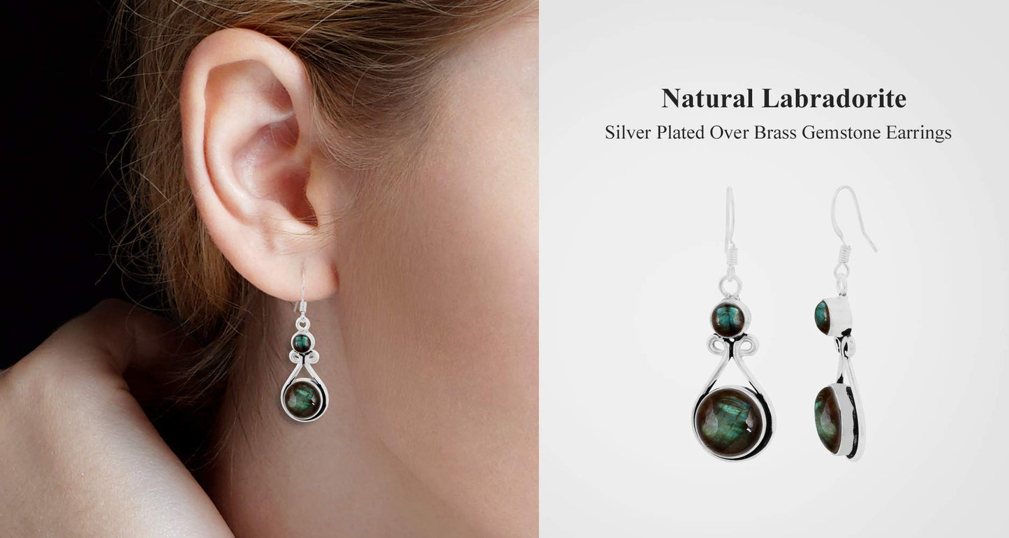 Natural Labradorite Silver Plated Dangle Earrings for Women - Round Gemstones Dangle & Drop Earrings Handmade Jewelry - Gift for Wedding Anniversary Christmas
