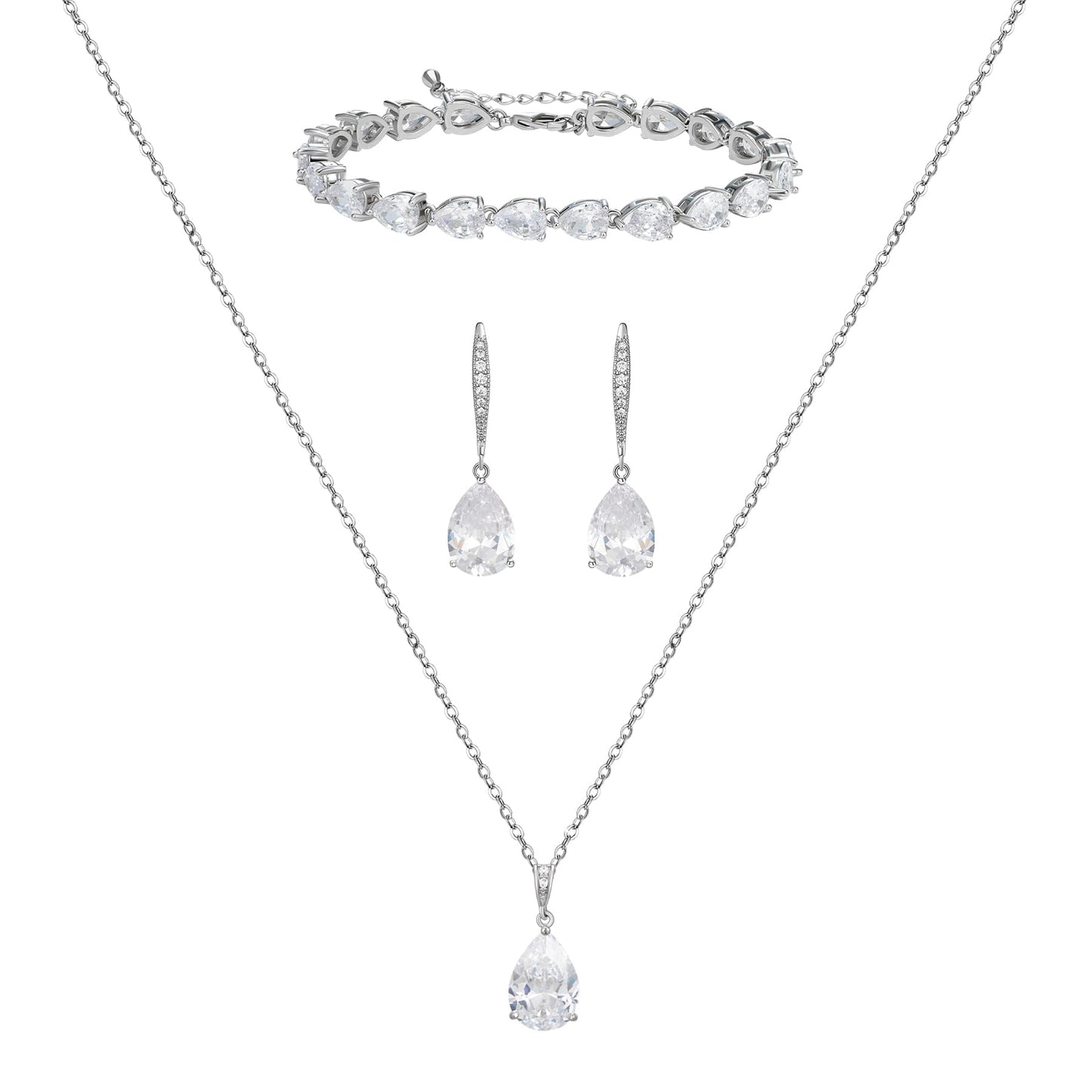 SWEETV Bridal Jewelry Set for Wedding, Cubic Zirconia Crystal Wedding Jewelry Set for Bride Bridesmaid, Crystal Teardrop Pendants Earrings Necklace Bracelet Set for Prom