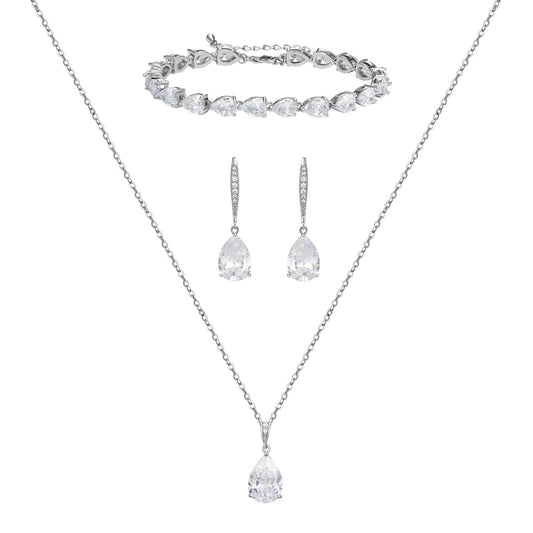 SWEETV Bridal Jewelry Set for Wedding, Cubic Zirconia Crystal Wedding Jewelry Set for Bride Bridesmaid, Crystal Teardrop Pendants Earrings Necklace Bracelet Set for Prom