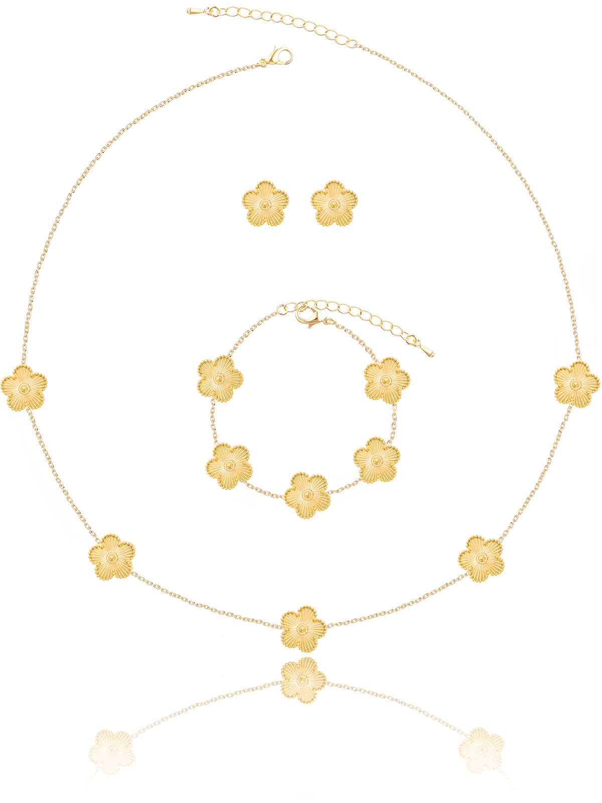 Qinpan Five Leaf Clover Necklace Bracelet and Stud Earrings Set for Women Lucky Flower Jewelry (Gold-14K Gold Plated)