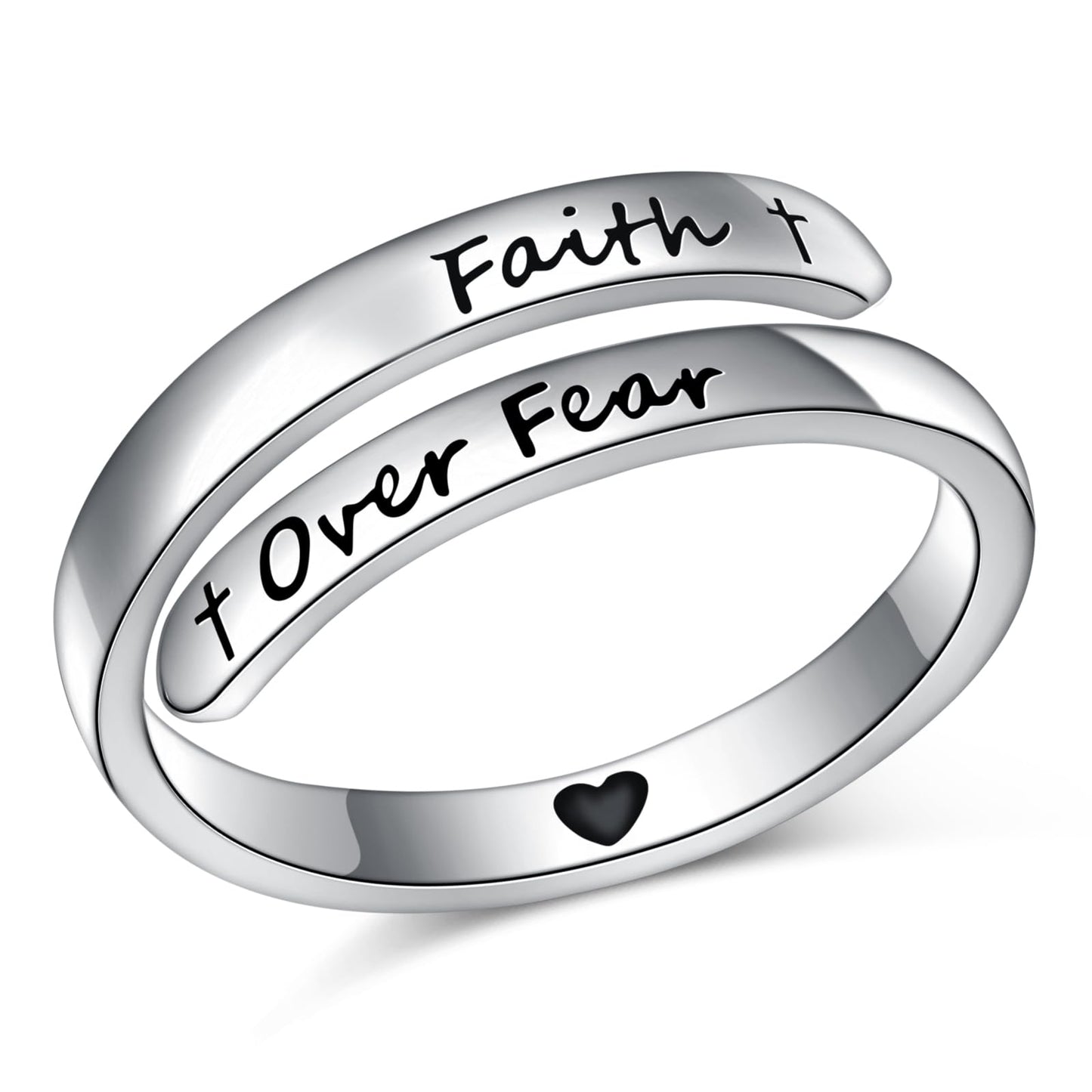 Ladytree Adjustable Inspirational Rings 925 Sterling Silver Faith Over Fear Cross Stacking Wrap Spiral Twist Statement Band Encouragement Gift Jewelry for Women Men(Faith Over Fear)