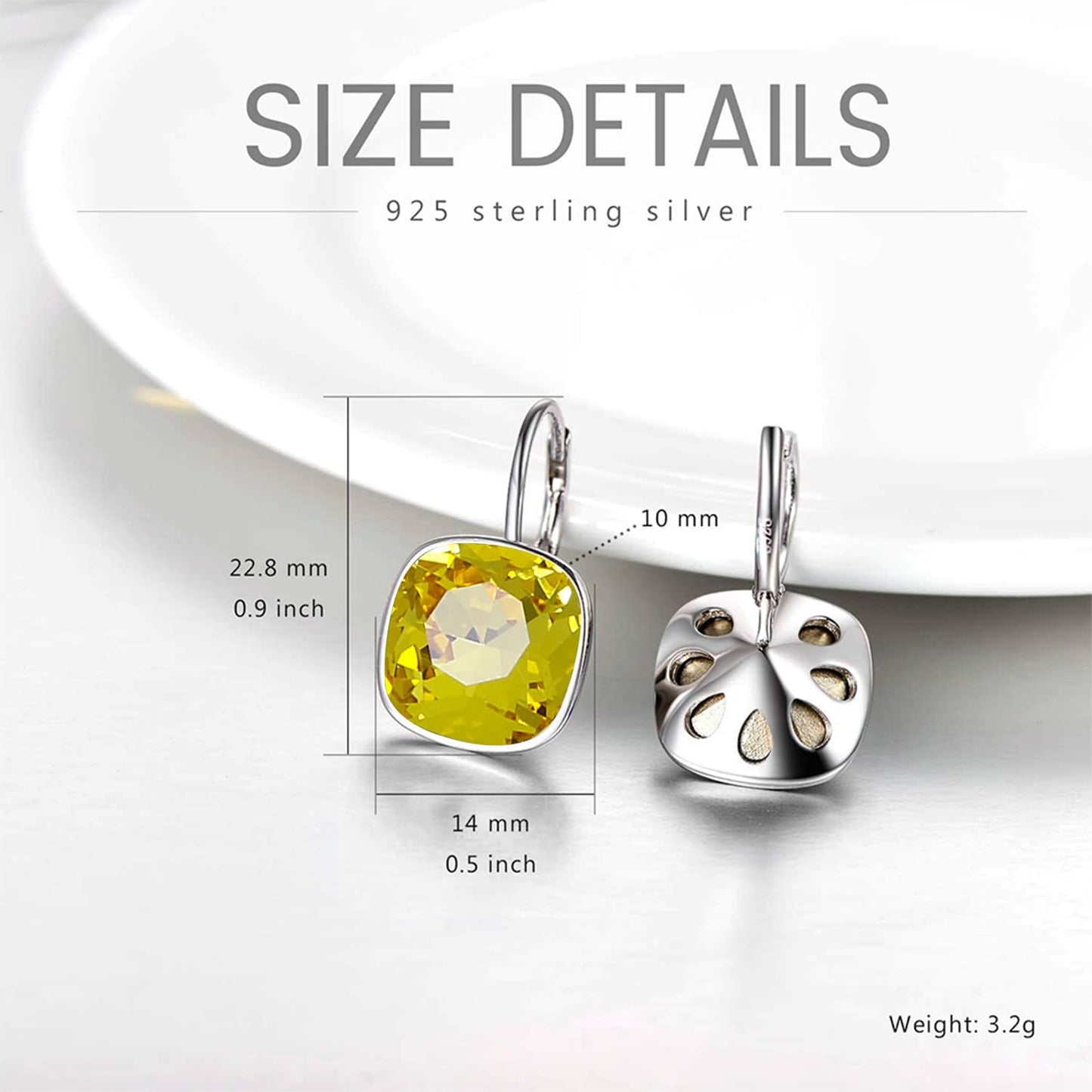AOBOCO Sterling Silver Leverback Earrings Embellished with Crystals from Austria, Hypoallergenic Cushion Cut Square Crystal Earrings, Fine Anniversary Birthday Jewelry Gifts for Women (Yellow)