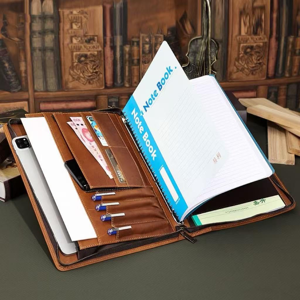 UPRESYE Zippered Padfolio Organizer, Leather Planner Binder, 12.9 Inch Portfolio Folder for Documents, Letter Size Business Card Tablet Document Holder for Men&Women, Brown