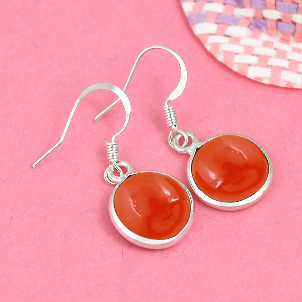 Natural Carnelian 925 Silver Plated Dangle Earrings for Women - Round Shape Orange Color Gemstone July Birthstone Handmade Jewelry Earrings - Anniversary Wedding Gift for Her