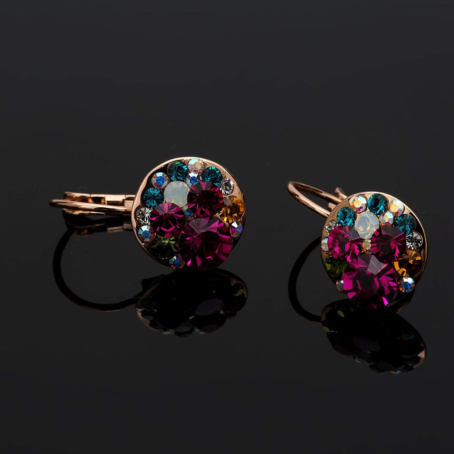 Multicolored Austrian Crystal Drop Earrings for Women 14K Gold Plated Leverback Dangle Hoop Earrings (Rose Main Crystal/Rose Gold-tone)