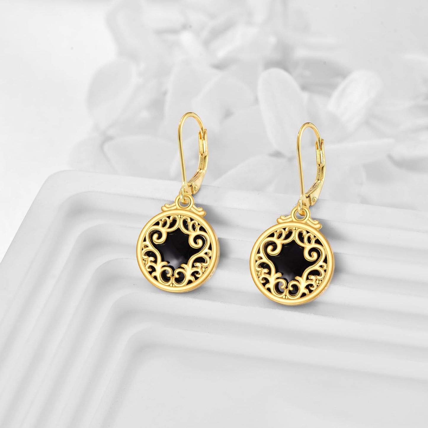 Black Onyx Dangle Drop Earrings for Women Sterling Silver 18K Yellow Gold Plated Filigree Black Onyx Leverback Earrings Jewelry Gifts