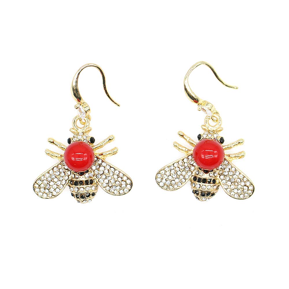 Honey Bee Drop Earrings Crystal Insect Themed Dangle Earring Animal Fashion Shell Pearl Hook Earring Gold Tone for Women Jewelry (Red pearl earring)