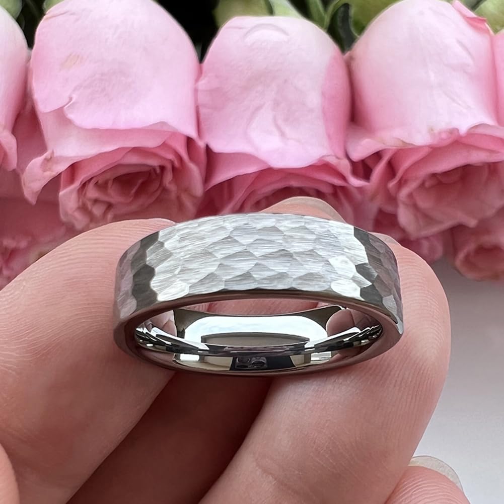 TUTISS 6mm Hammered Tungsten Rings for Men Women Fashion Engagement Wedding Bands Pipe Cut Matte Finish Comfort Fit Size 10