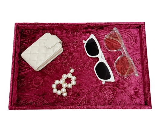 AgentMoon Luxurious Decorative Jewelry Tray,Commodity Display Board,Bedside Storage Tray for Eyeglasses Phone Watch Bracelet Earring Keys.Luxury Extra Velour (Embossed Red)