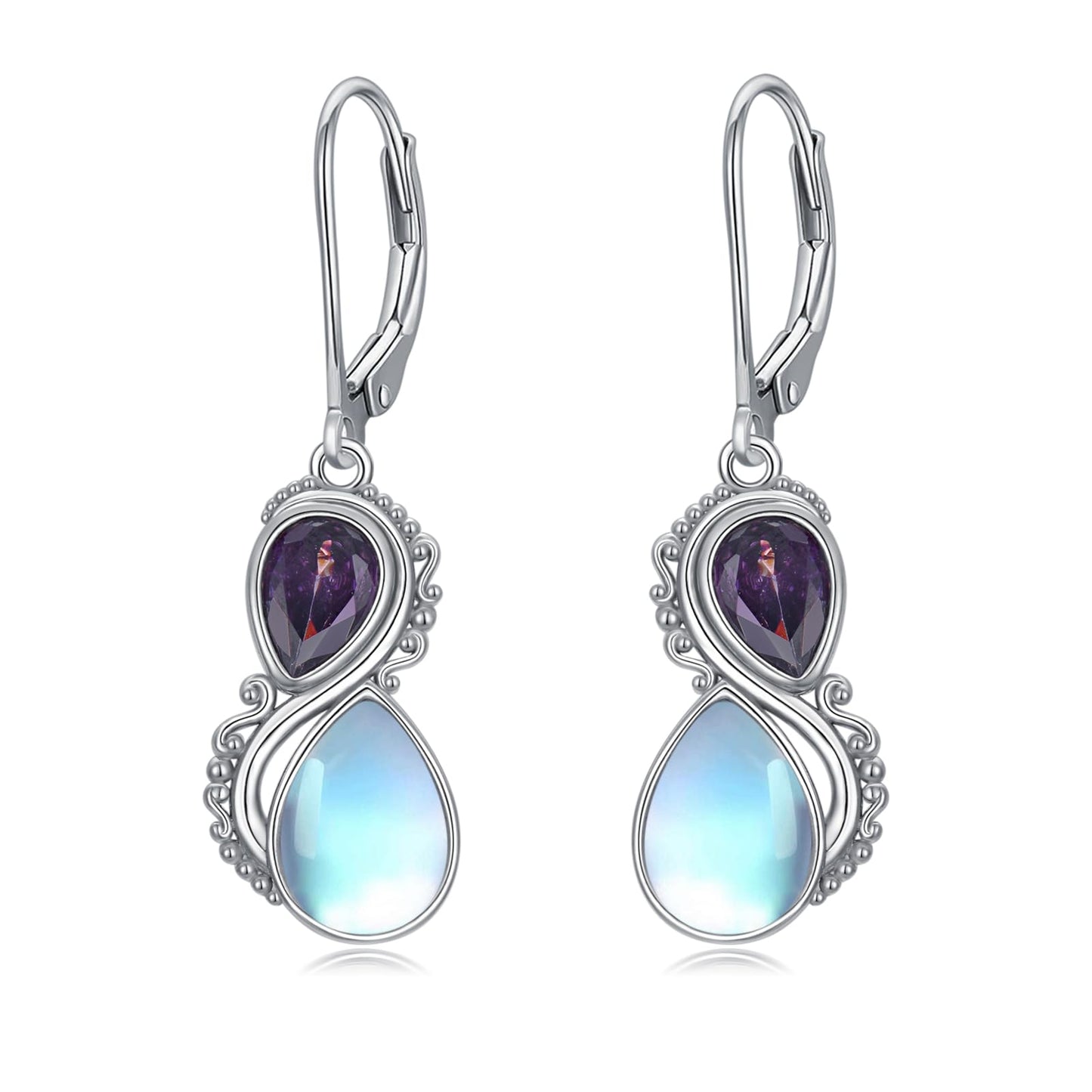 Moonstone Earrings 925 Sterling Silver Amethyst Purple Leverback Dangle Drop Earrings for Women