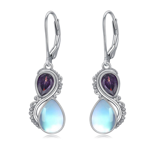 Moonstone Earrings 925 Sterling Silver Amethyst Purple Leverback Dangle Drop Earrings for Women