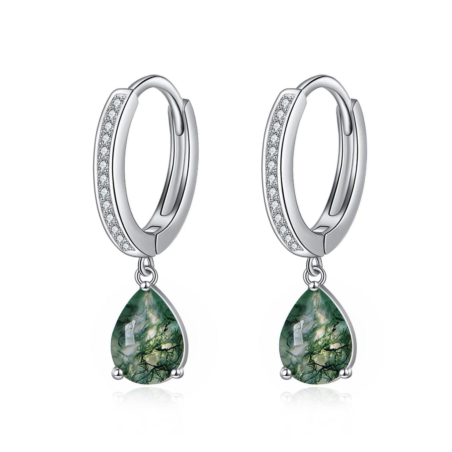 VONALA Moss Agate Earrings 925 Sterling Silver Teardrop Drop Dangle Earrings Zircon Hoop Earrings Agate Jewelry Gift for Women