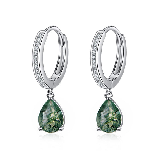 VONALA Moss Agate Earrings 925 Sterling Silver Teardrop Drop Dangle Earrings Zircon Hoop Earrings Agate Jewelry Gift for Women