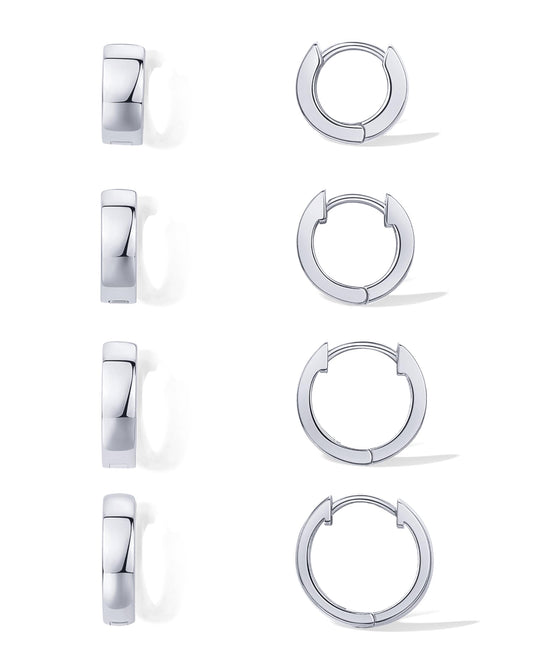 PAVOI Rhodium Plated 925 Sterling Silver Posts Four Pairs Small Hoop Earrings for Women - Chunky Huggie Earscape Piercing Pack - Trendy Gold Hoop Earrings Set