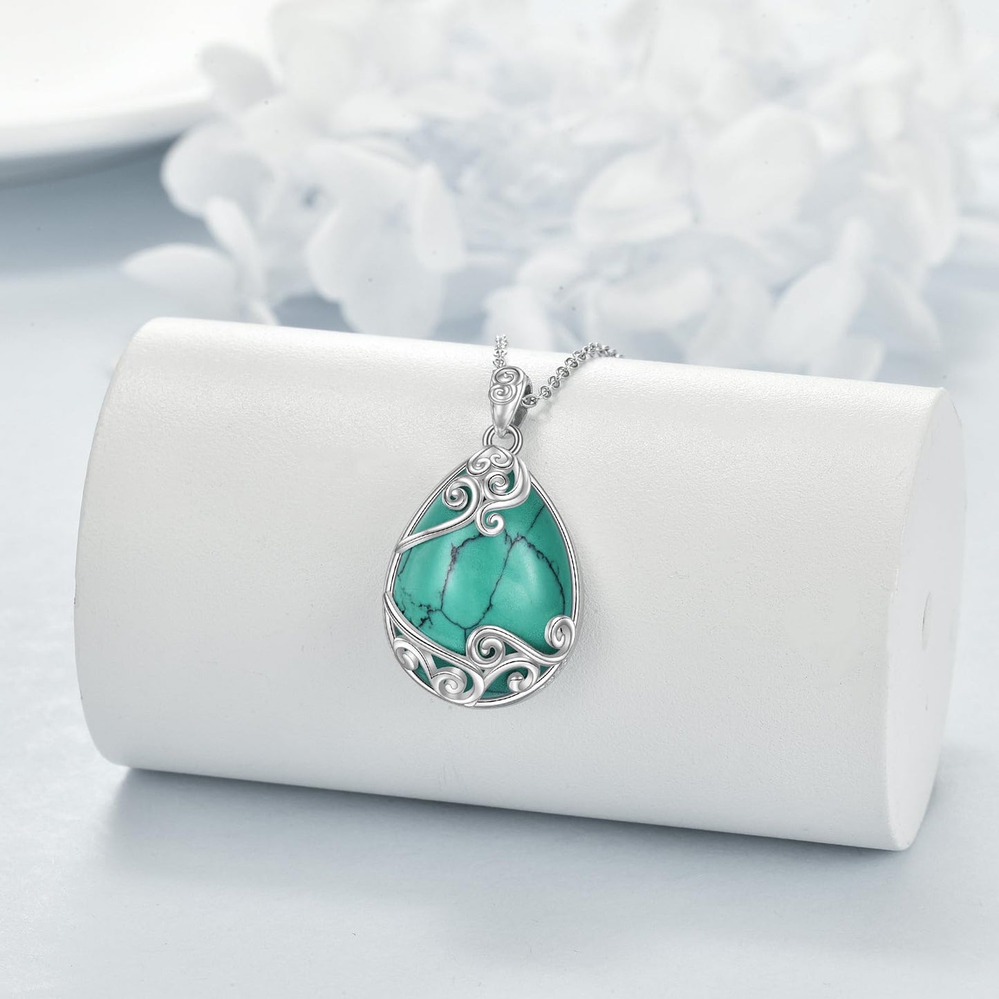 YAFEINI 925 Sterling Silver Turquoise Necklace Filigree Teardrop Pendant Necklace Turquoise Jewelry for Women (Q-Turquoise)