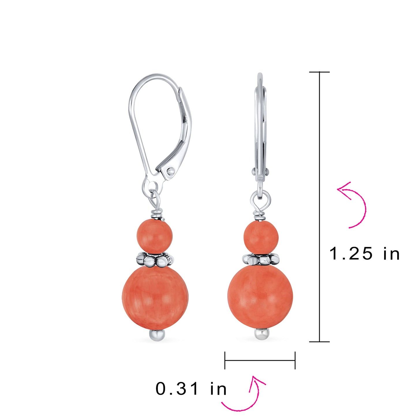 Bling Jewelry Gemstone Natural Orange Peach Coral Boho Bali Milgrain Edged Beaded Rondel Separator Double Ball Round Drop Dangle Earrings For Women Teen .925 Sterling Silver Lever back