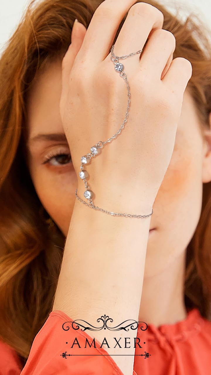 Amaxer Trendy Clear Zircon Hand Chain Bracelet for Women Stainless Steel Adjustable Dainty Layered Minimalist Party Jewelry (silver)