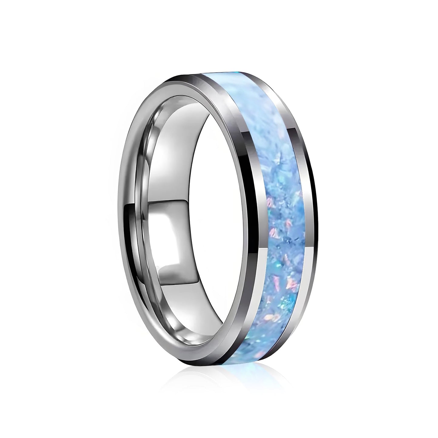 HJIMMNHONG New Opal Fashion Ring Double Beveled Edge Delicate Polished Stainless Steel Simple Mens and Women Rings, Width 8mm,Blue, Size 8