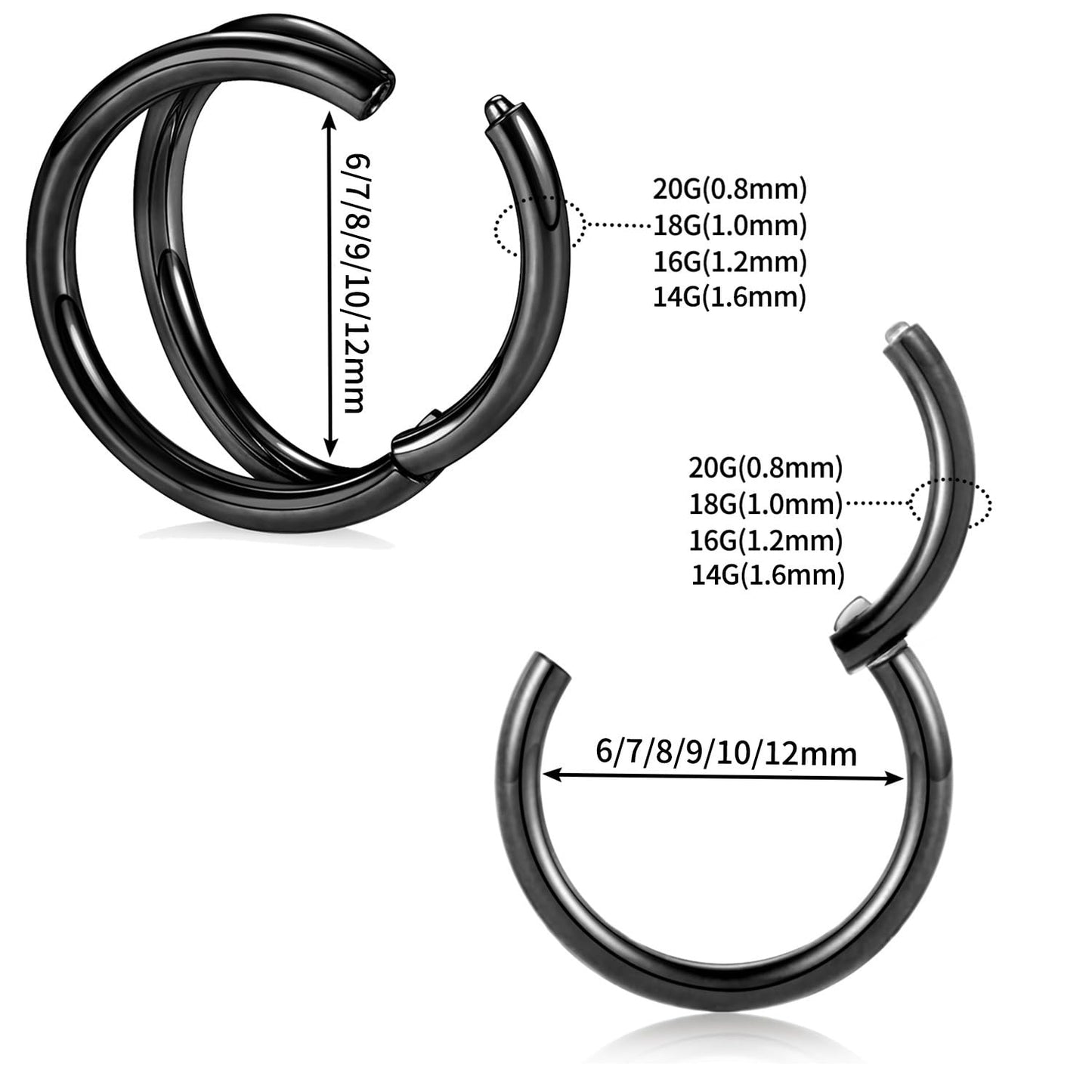 Nose Rings 18 Gauge Nose Ring Hoop Earrings For Women 18g Nose Hoop Black 8mm Septum Jewelry Surgical Steel Septum Ring Septum Clicker Lip Rings Helix Earring Double Hoop Cartilage Earring
