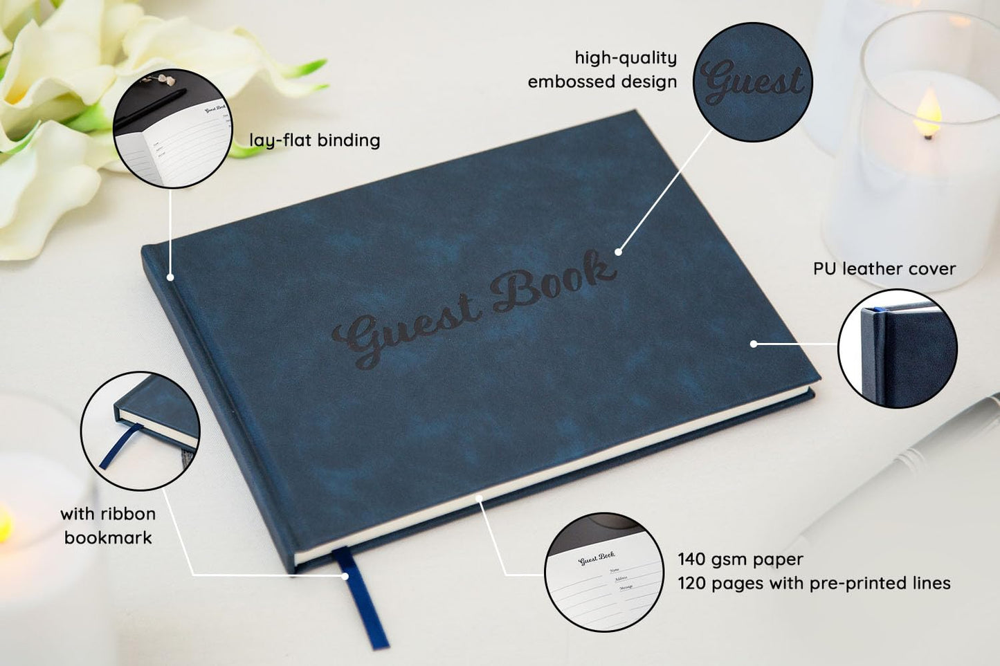 Modern Album Designs Navy PU Leather Guest Book - 9.5 x 7 Embossed Guestbook with Name Address Message Lines for Wedding Funeral Retirement Party, 140 GSM Paper, 120 Pages