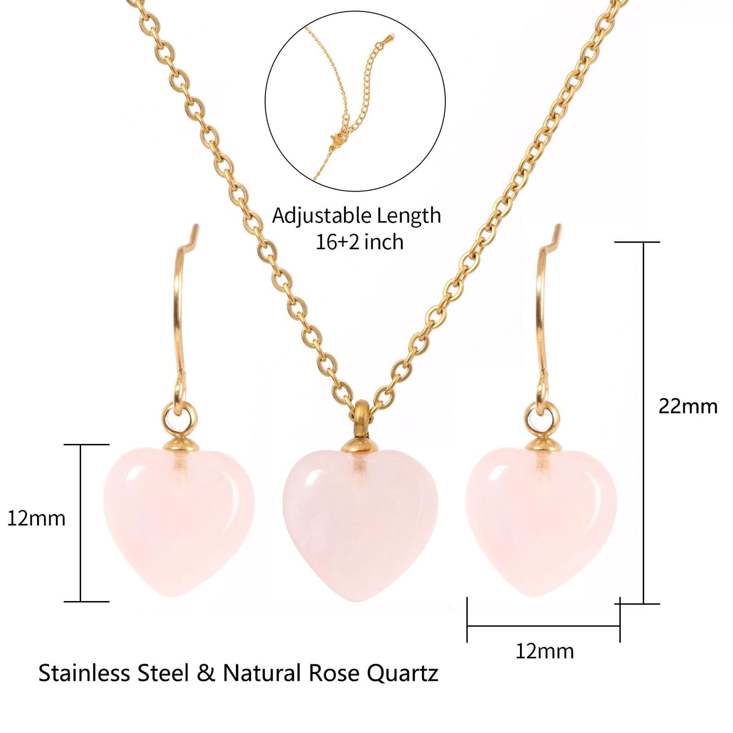 TaYolnFaSo Natural Heart Rose Quartz Jewelry Set for Women 18K Gold Plated Dainty Cute Rose Quartz Earrings and Necklace Set Birthday Gifts