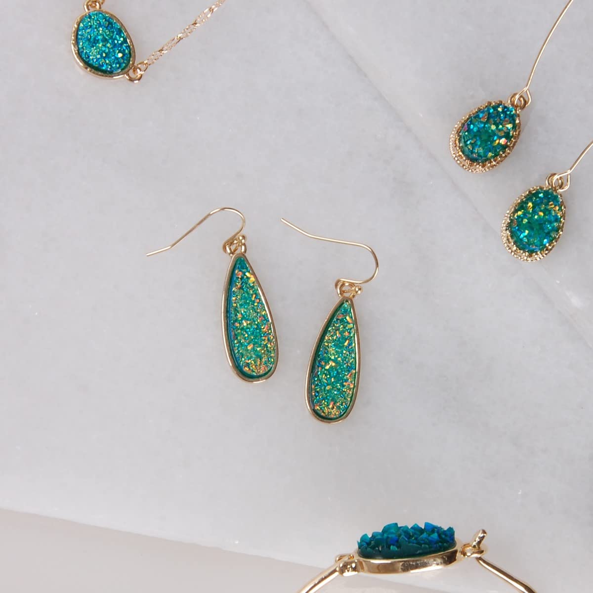 Simulated Druzy Drop Dangles - Sparkly Long Teardrop Dangly Earrings for Women, Gold Tone - Blue Green Stone