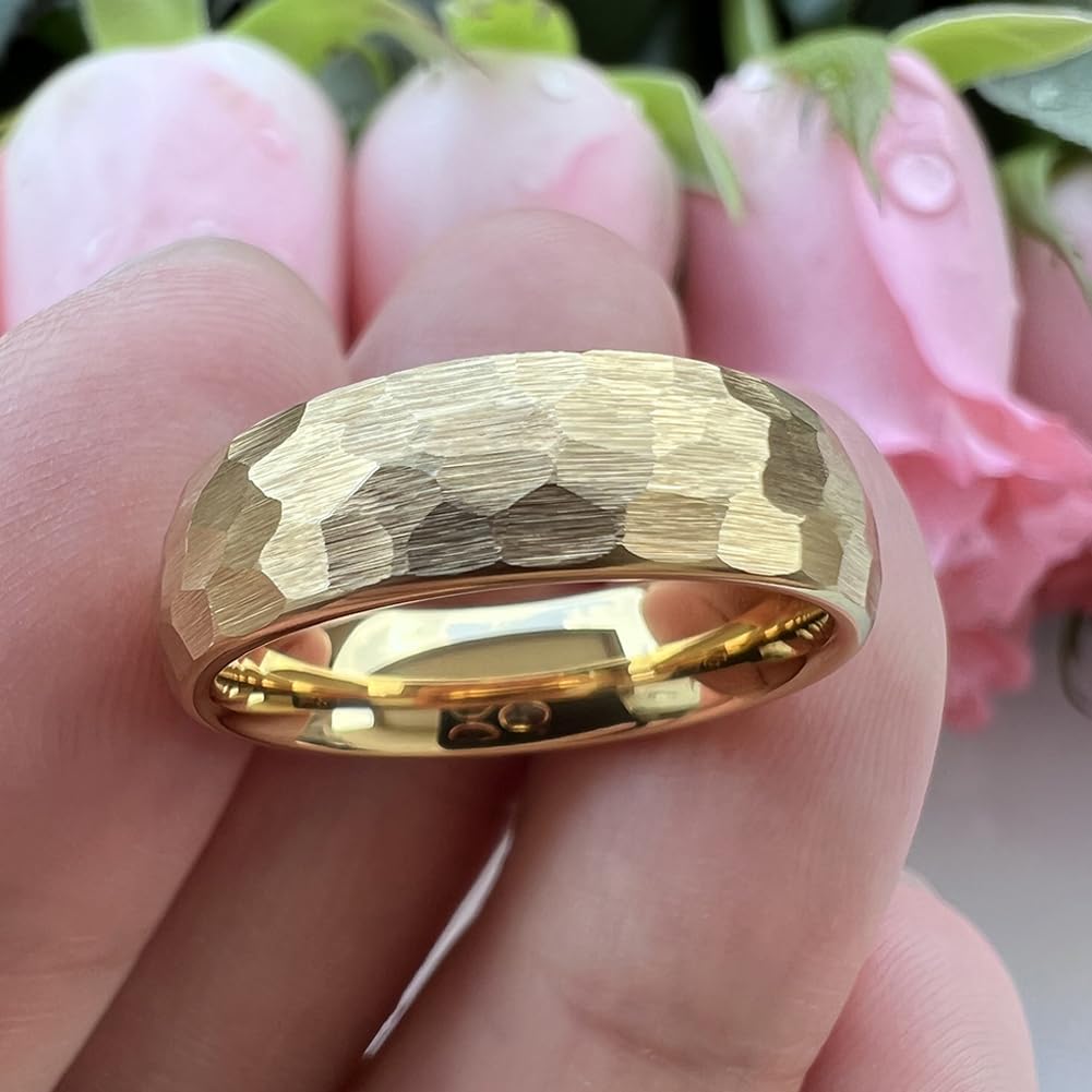 TUTISS 6mm Gold Hammered Tungsten Rings for Men Women Engagement Wedding Bands Domed I Love You Engraved Comfort Fit Size 9