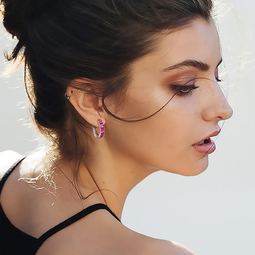 GLOQUAT Hot Pink Earrings for Women Fuchsia Earring Silver Plated Cubic Zirconia Hoops Fashion Baguette Hoop Earring Womens Stacks Hoop Women Rose Pink Rhinestone Hypoallergenic Jewelry Gift