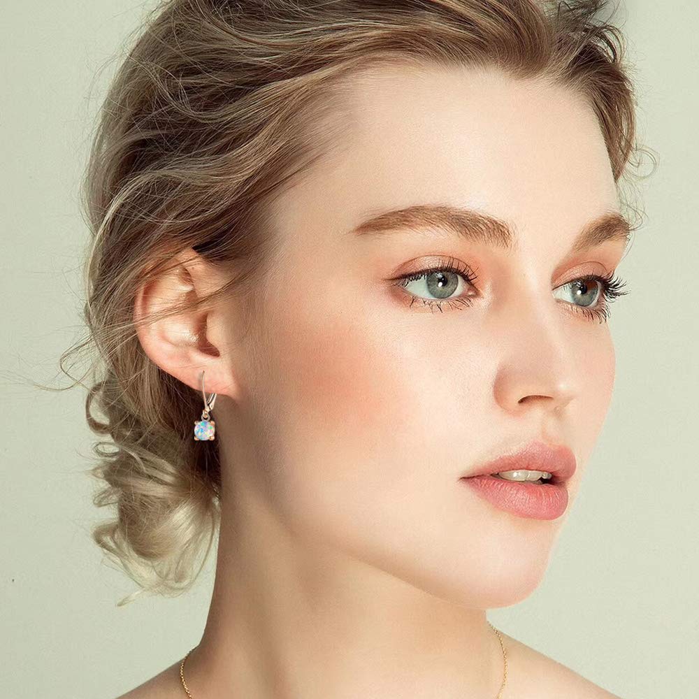 CiNily Rose Gold Plated Opal Drop Earrings,Leverback Hypoallergenic Dangle Earrings for Women Round-Cut Gemstone Opal Jewlery Gift