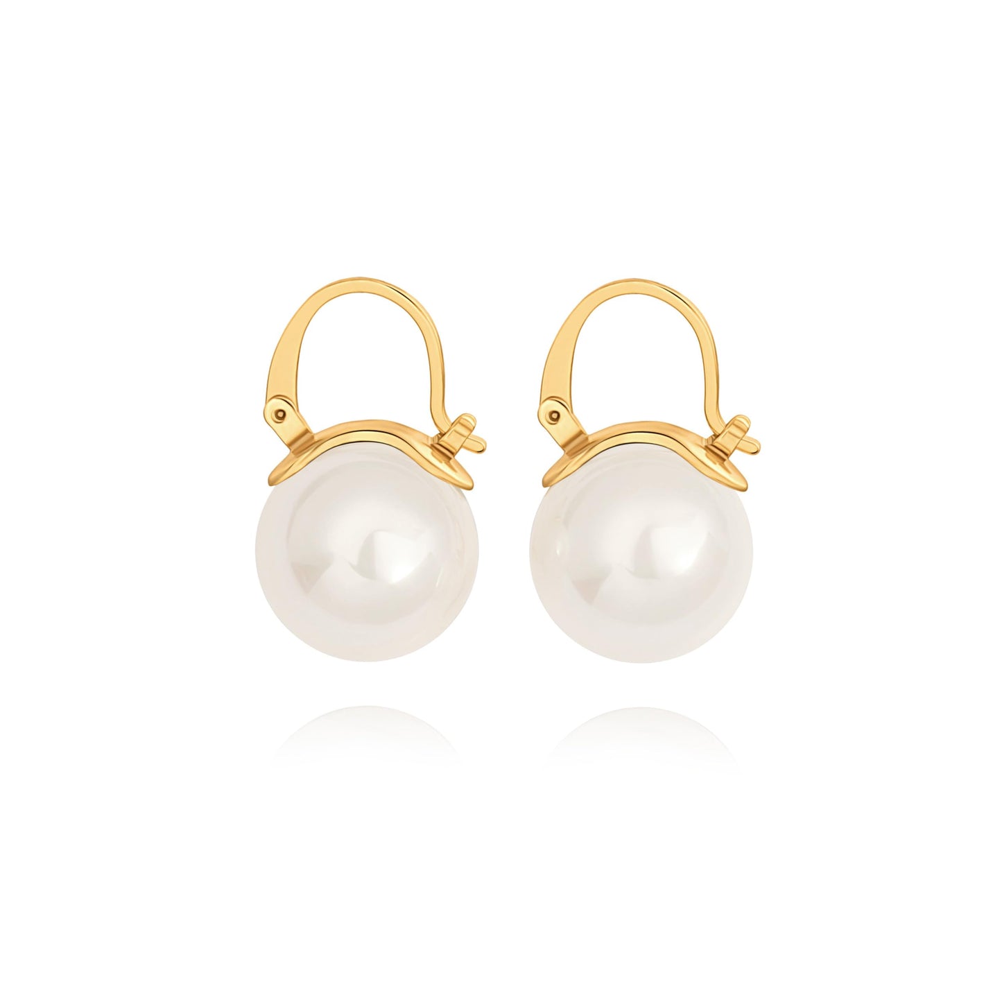 14mm Big Pearl Drop Earrings, Simple Gold Plated Huggie Hoop Earrings, Dainty Wedding Jewelry for Bridal