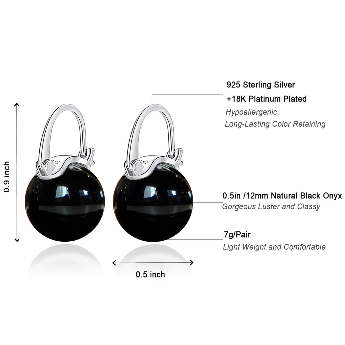 OwMell Elegant 925 Sterling Silver Pearl Drop Earrings Dangle Stud Gold Plated Earrings for Women Large Size 12mm - Onyx