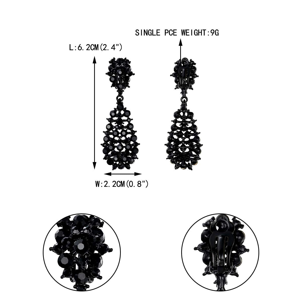 EVER FAITH Women's Costume Jewelry Black Crystal Art Deco Hollow Waterdrop Dangle Clip-on Earrings Black-Tone