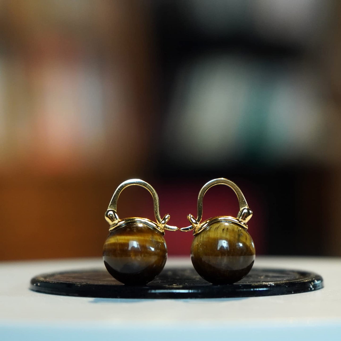 OwMell Elegant 925 Sterling Silver Pearl Drop Earrings Dangle Stud Gold Plated Earrings for Women Large Size 12mm - Tiger's Eye