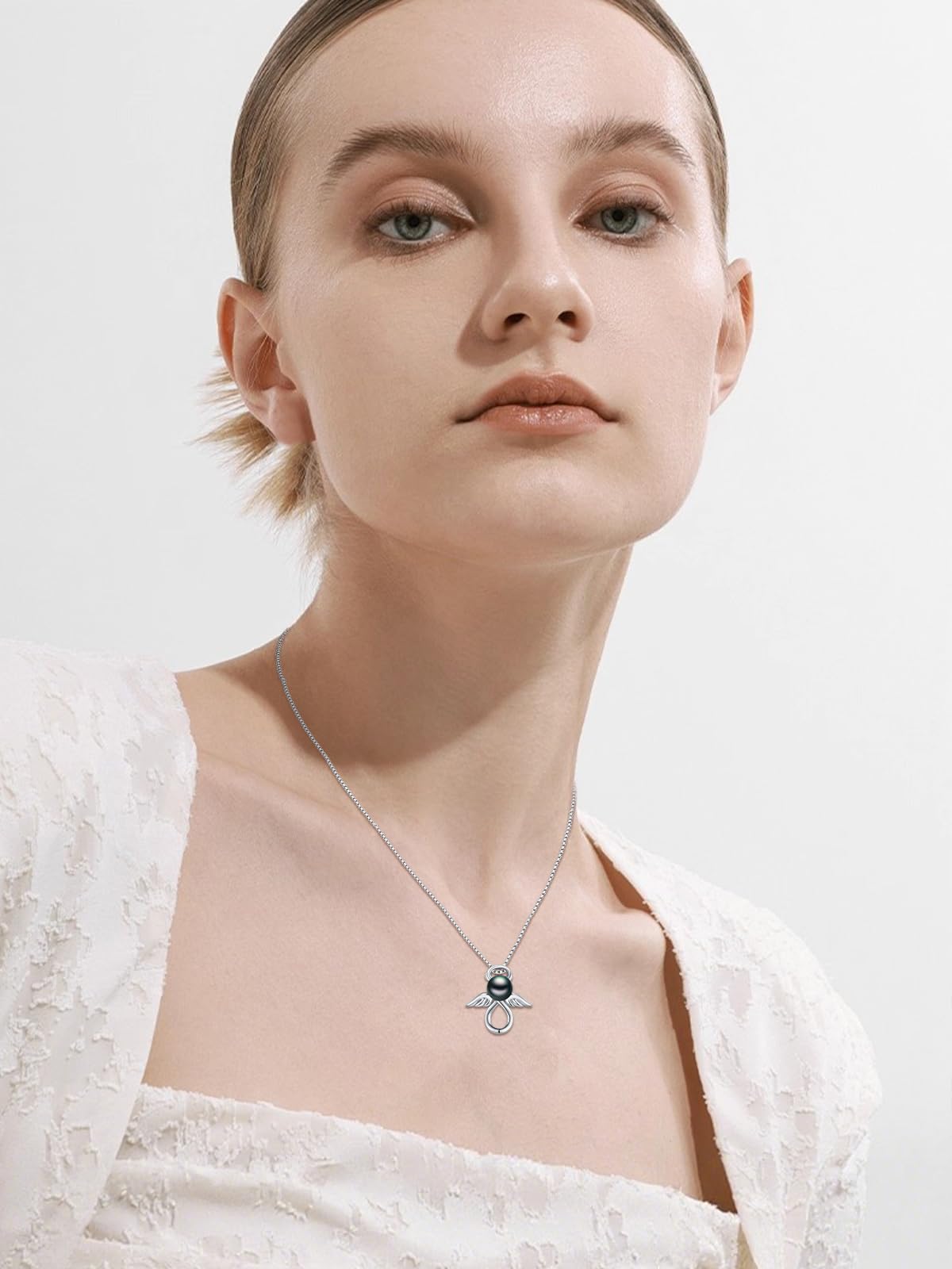 KANNSOAR Tahitian Black Pearl Necklace for Women 18K White Gold Plated Sterling Silver Angel Pendant Necklace Black Pearl Jewelry Gifts for Wedding Graduation Birthday Anniversary