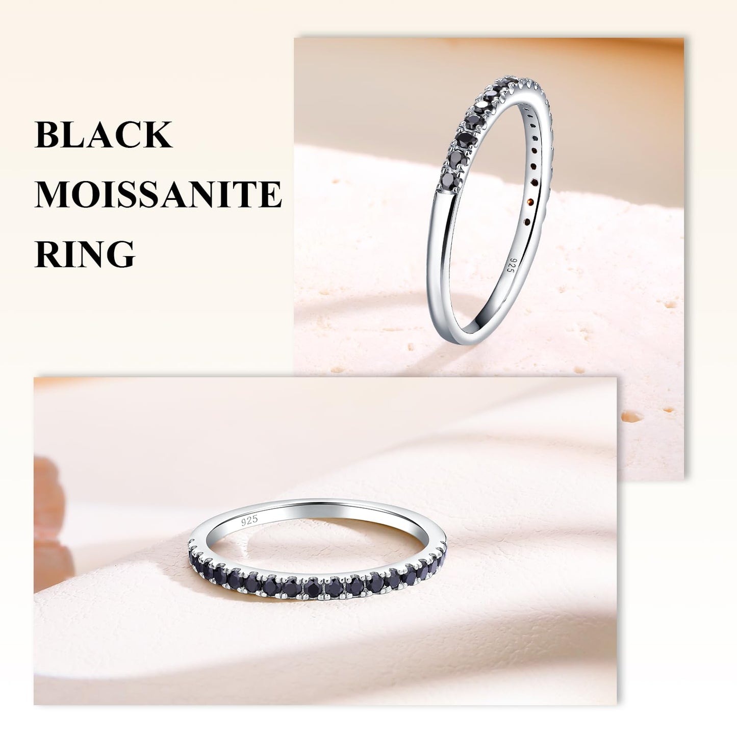 Black Moissanite Ring Men Women Created Diamond Wedding Rings Half Eternity Band Rings 0.25 Cttw Stackable Ring Size 9