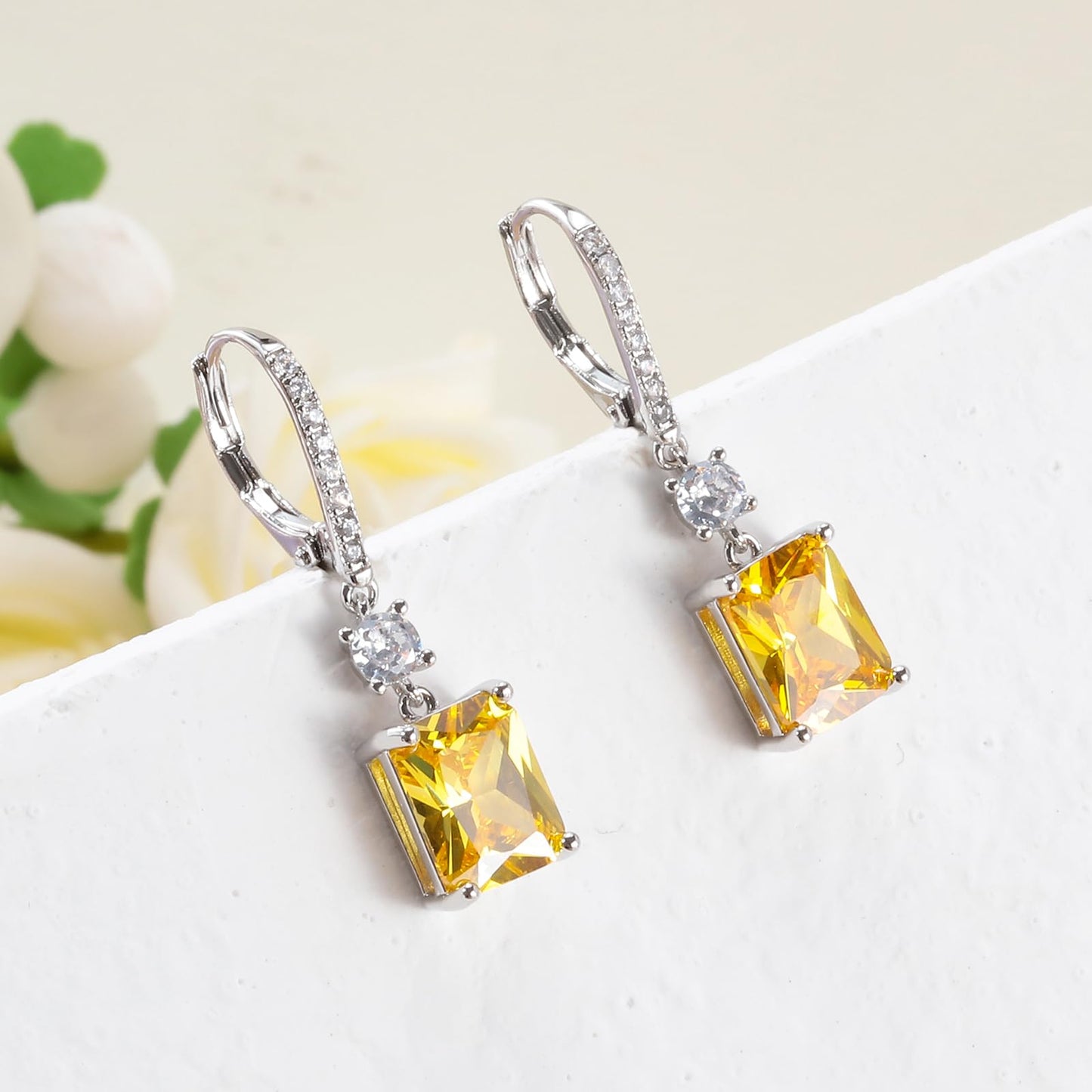 CiNily Leverback Earrings for Women Rectangular-cut Drop Dangle Earring Hypoallergenic, 14K White Gold Plated Yellow Cubic Zircon Earrings Diamond Dangle Ear Rings Jewelry Birthday