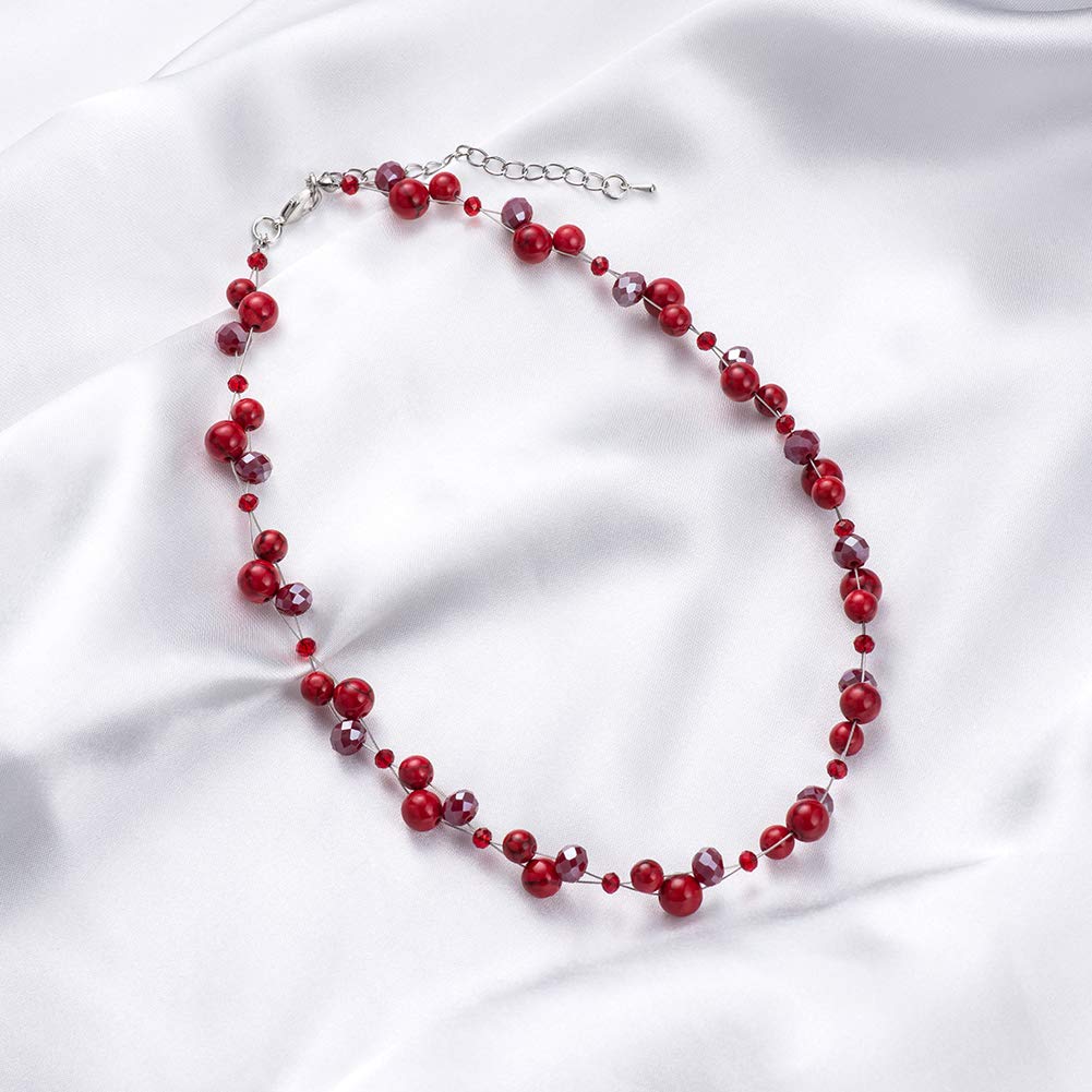 Short Beaded Turquoise Necklace For Women - Fashion Jewelry with Pearl and Crystal Bead, Birthday Gifts For Women (27-Red)