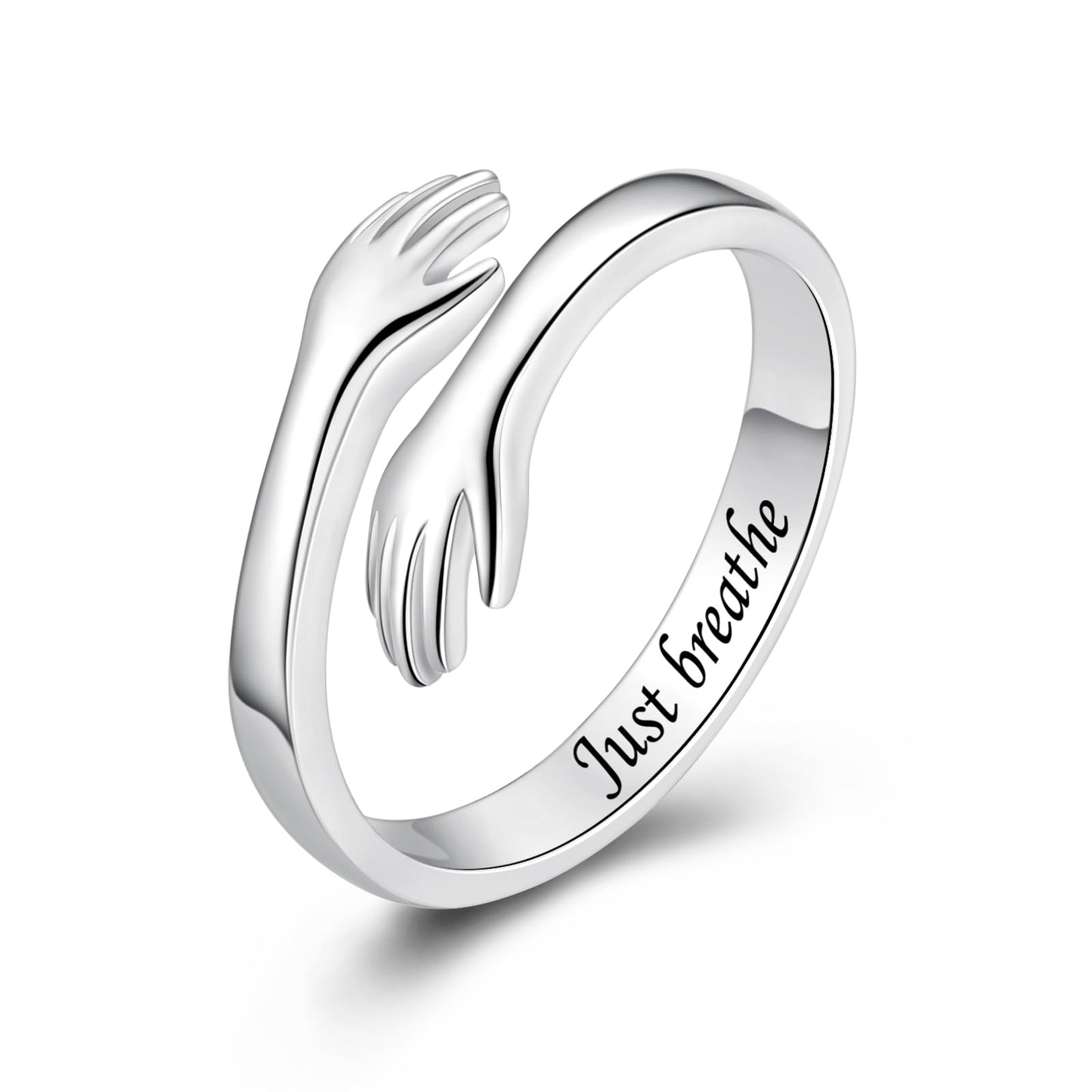 ACJFA Hug Rings for Women Sterling Silver Adjustable Ring for Women Daughter Hand Ring Jewelry for Birthday Gifts Holiday Gift for Teens(Just breathe)