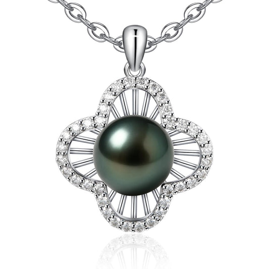 Genuine Tahitian Black Pearl Necklace - Christmas Gift for Women Wife Mom Daughter, Jewelry Gifts for Wedding Anniversary Birthday, 9-10mm Seawater Pearl with Sterling Silver Moissanite Flower Pendant