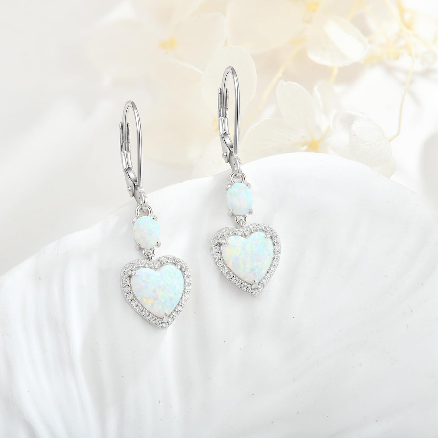 FYNSBLE White Opal Earrings for Women Sterling Silver Heart Opal Leverback Earrings Hypoallergenic Jewelry for Women
